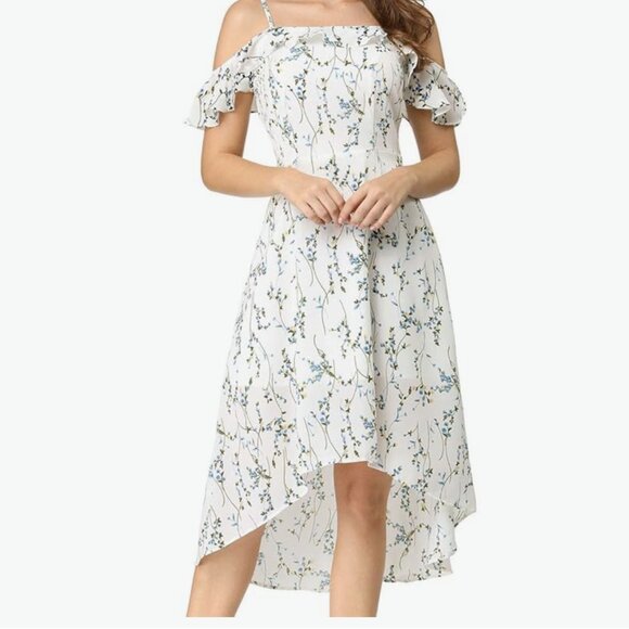 Allegra K Floral Cream Hi-Lo Off Shoulder Dress - Picture 1 of 6